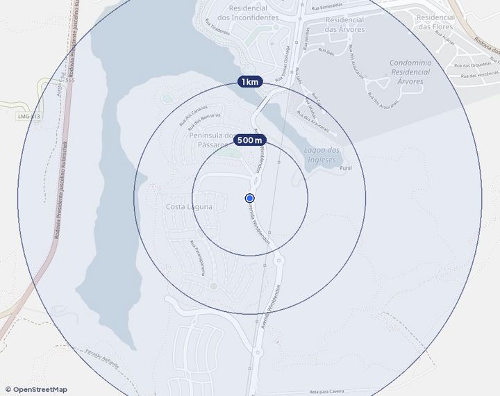 Mapa de Alphaville Lagoa dos Ingleses (Nova Lima) com os empreendimentos e raios de 500 m, 1 km e 2 km