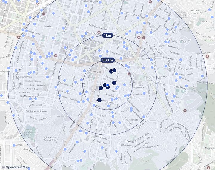 Mapa de Carmo com os empreendimentos e raios de 500 m, 1 km e 2 km