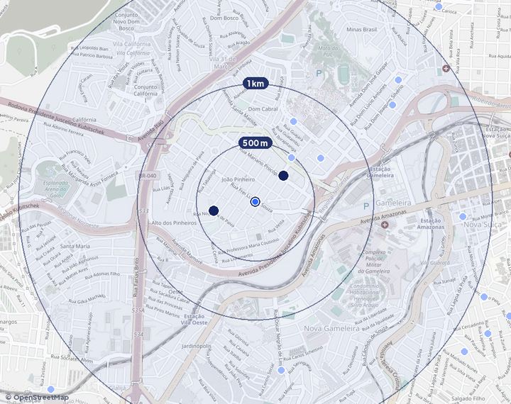 Mapa de João Pinheiro com os empreendimentos e raios de 500 m, 1 km e 2 km