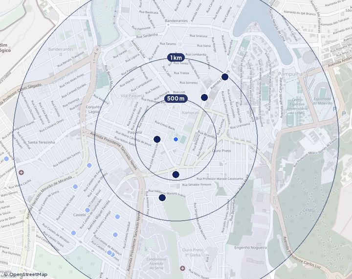 Mapa de Ouro Preto com os empreendimentos e raios de 500 m, 1 km e 2 km