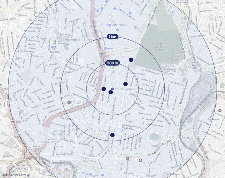 Mapa de Sagrada Família com os empreendimentos e raios de 500 m, 1 km e 2 km