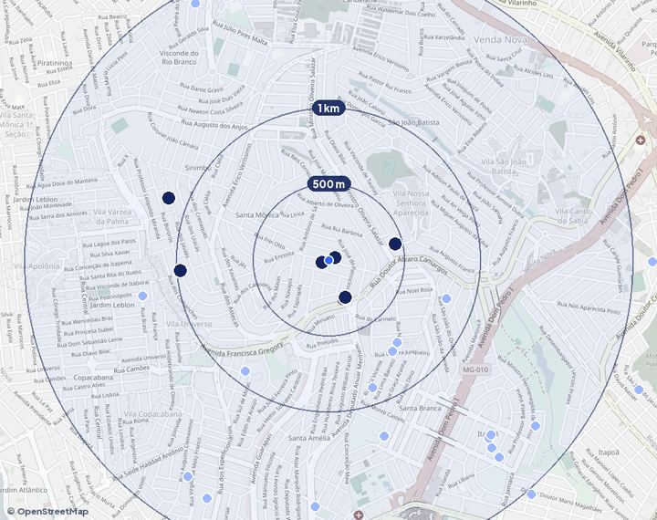Mapa de Santa Mônica com os empreendimentos e raios de 500 m, 1 km e 2 km