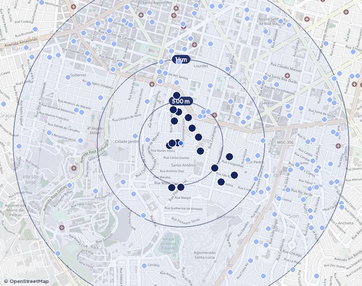 Mapa de Santo Antônio com os empreendimentos e raios de 500 m, 1 km e 2 km