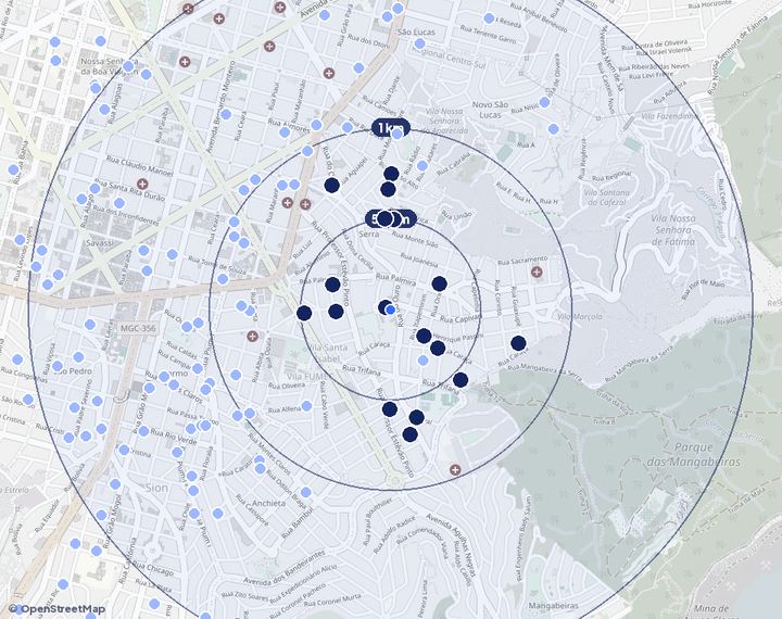 Mapa de Serra com os empreendimentos e raios de 500 m, 1 km e 2 km