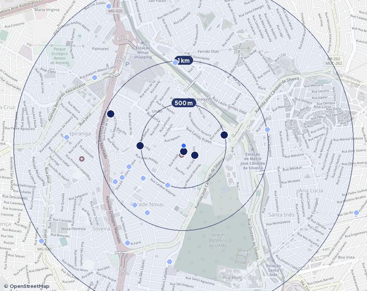 Mapa de União com os empreendimentos e raios de 500 m, 1 km e 2 km