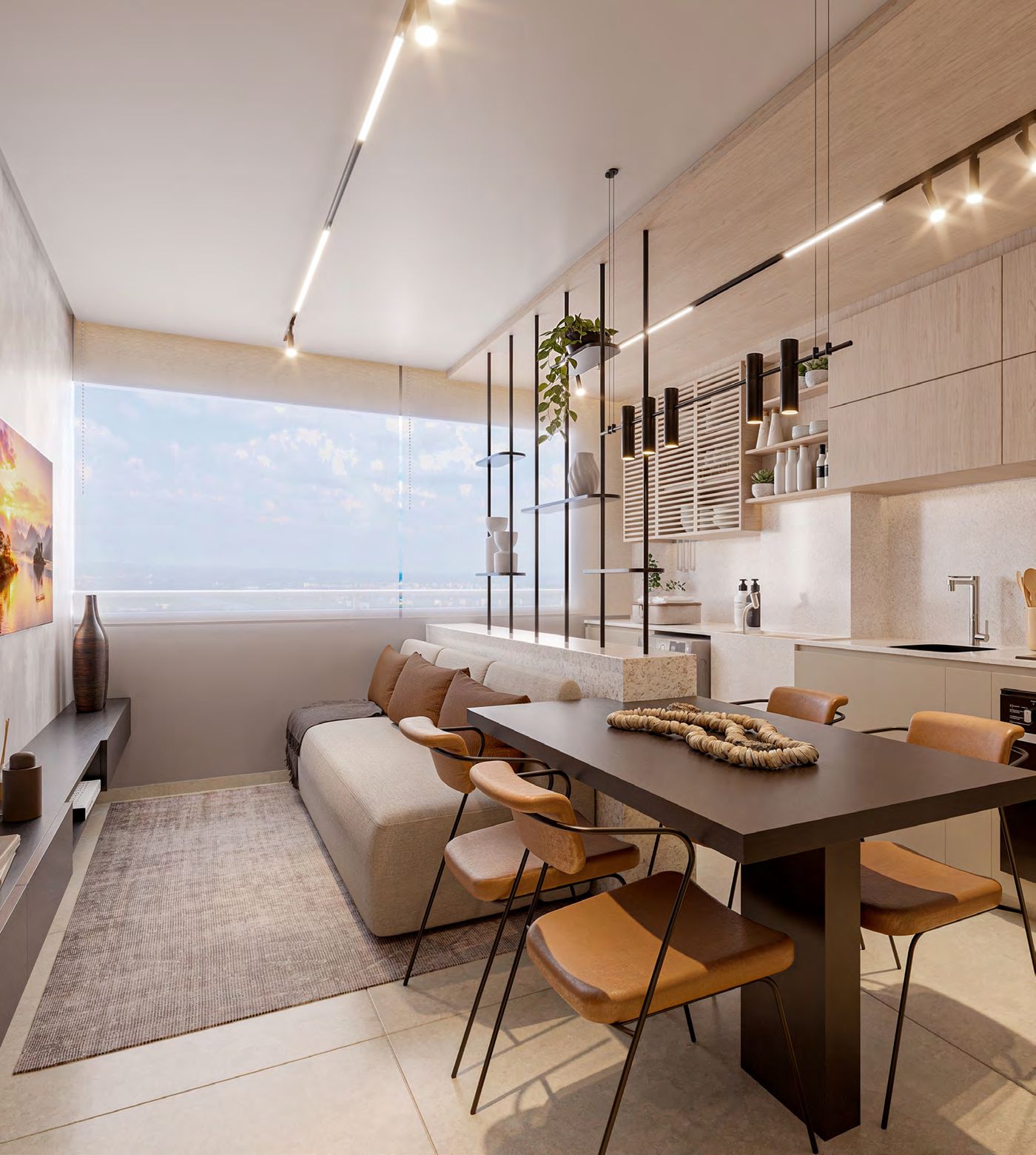 Living com sofá, mesa de jantar e janela ampla