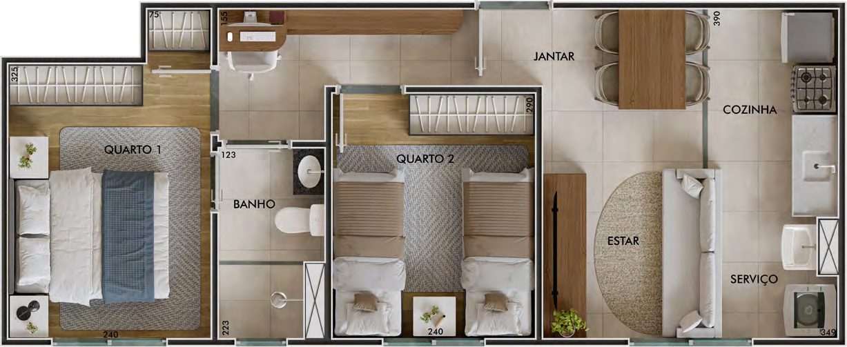 Planta humanizada do apartamento de 2 quartos com opção de suíte reversível, 40,13 m²