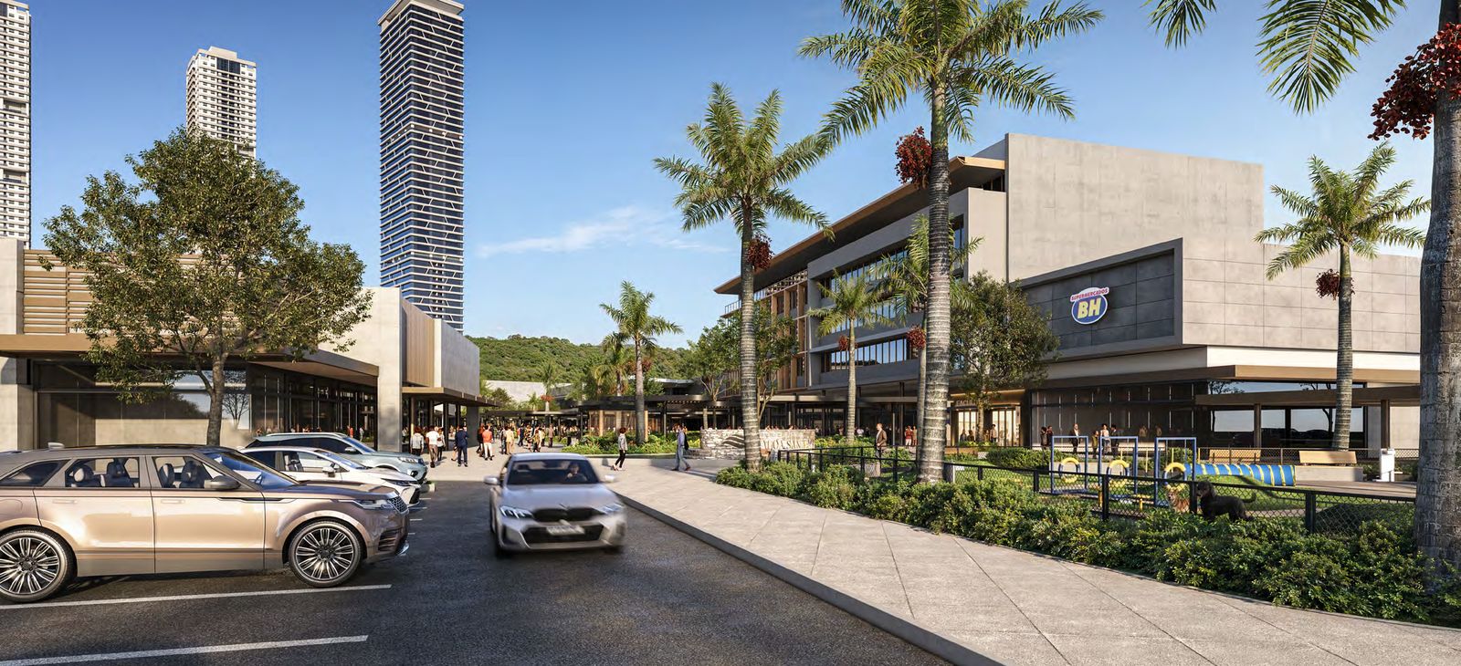 Perspectiva do novo Shopping Lagoa Santa, com estacionamento, palmeiras e torres ao fundo